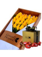 CAJA GLAM GOLD 24 ROSAS (AMARILLAS) + ¡GRATIS! BOX SORINI (10 UNIDADES)