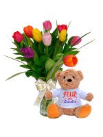 FLORERO DE TULIPANES COLORIDOS + ¡GRATIS! OSITO TEDDY FELIZ DÍA PERSONALIZABLE