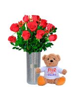 ARREGLO GLAM SILVER 12 ROSAS + ¡GRATIS! OSITO TEDDY FELIZ DÍA PERSONALIZABLE
