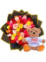 RAMO BUCHON 50 ROSAS COLORIDAS + ¡GRATIS! OSITO TEDDY FELIZ DÍA PERSONALIZABLE