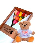 CAJA GLAM GOLD ROSAS Y TULIPANES + ¡GRATIS! OSITO TEDDY FELIZ DÍA PERSONALIZABLE