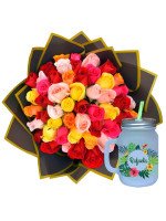 RAMO BUCHÓN 50 ROSAS COLORIDAS + ¡GRATIS! MUG TROPICAL PERSONALIZABLE