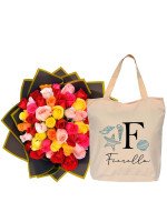 RAMO BUCHÓN (50 ROSAS COLORIDAS) + ¡GRATIS! BOLSO PLAYERO PERSONALIZABLE