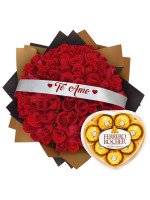 RAMO BUCHÓN TE AMO (50 ROSAS) + ¡GRATIS! BOMBONES FERRERO ROCHER CORAZÓN