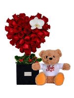 CORAZÓN DE ROSAS Y ORQUÍDEA + ¡GRATIS! PELUCHE TEDDY LOVE YOU